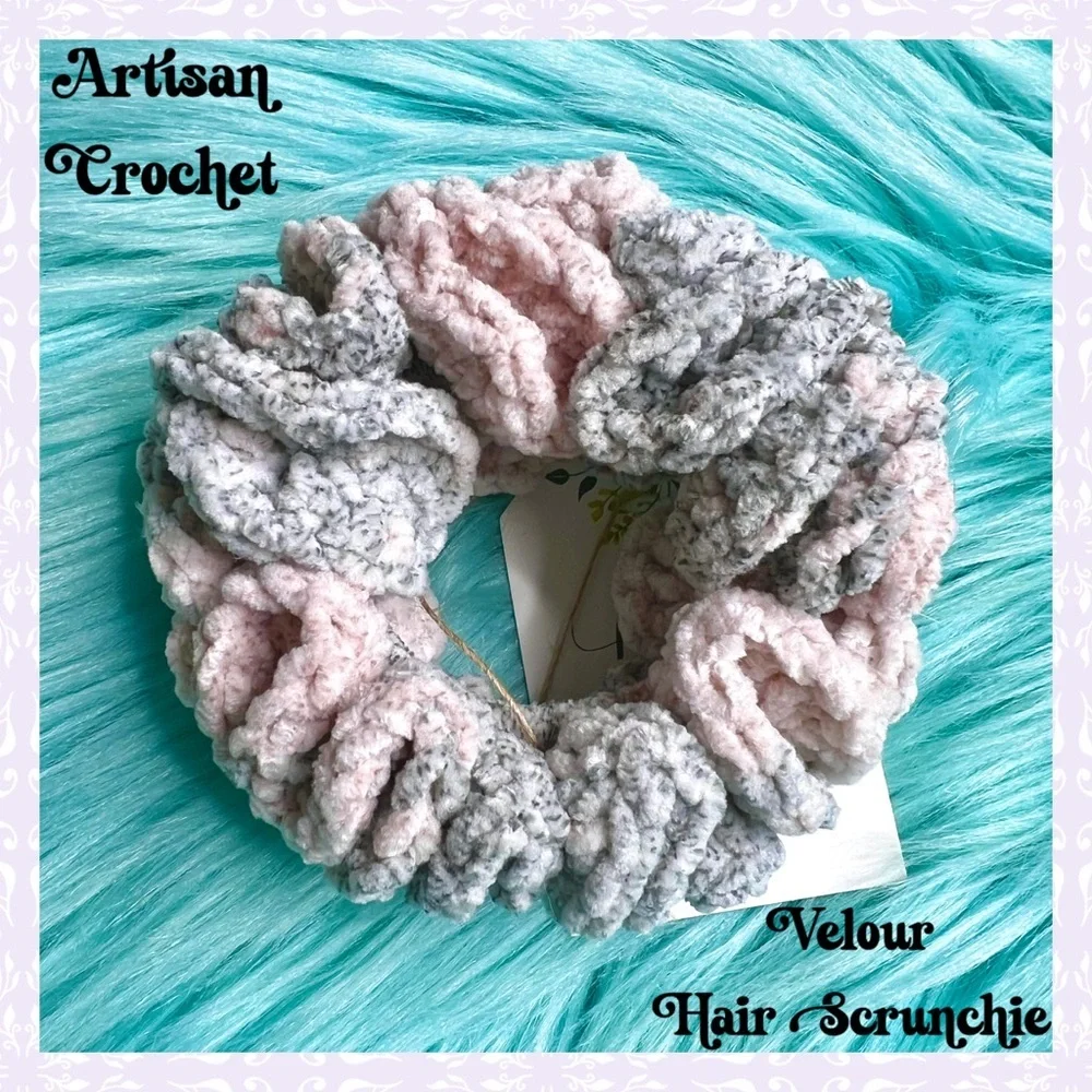 Handmade Crochet VELVET Dusty Rose Stretchy Hair Scrunchie PinkRainCloud